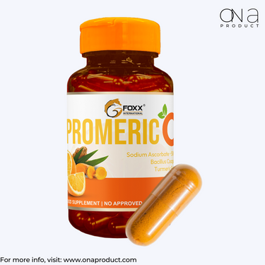 Promeric C vitamin C supplement with turmeric and probiotics bottle and capsule for immune and gut support